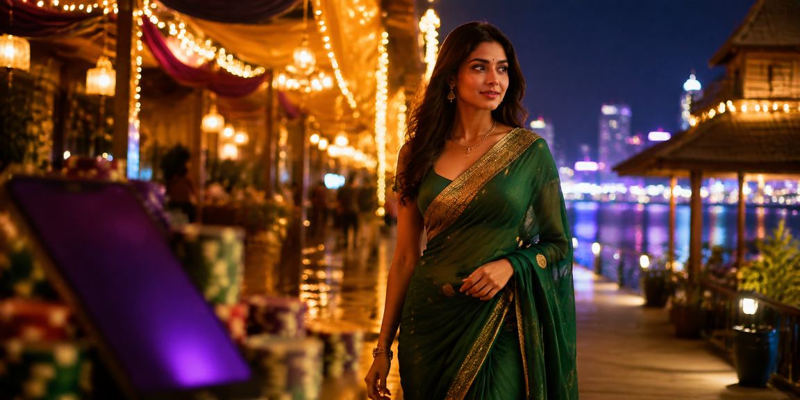 Mobile payment for Teen Patti with Kerala traditional dress and smartphone
